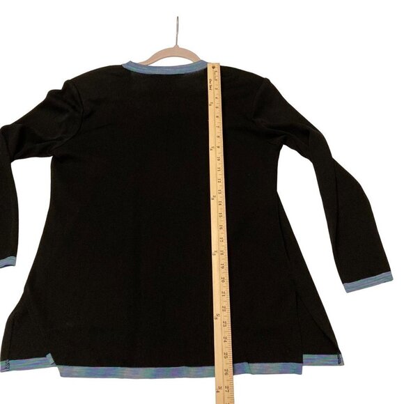 Exclusively Misook Black Open Cardigan Sweater Blue Purple Trim Pockets Sz XS - Picture 7 of 8